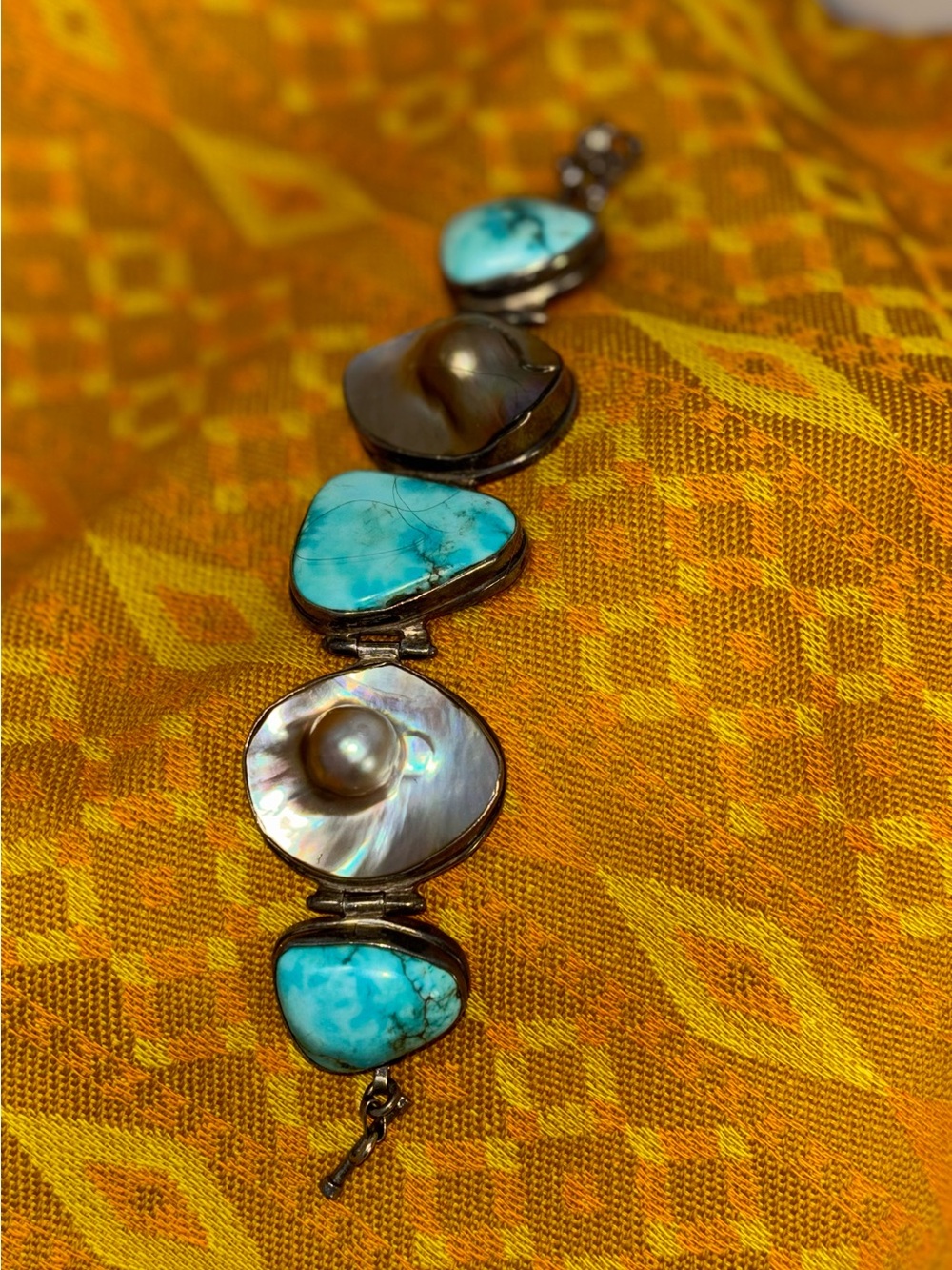 Vintage Sterling Silver Turquoise & Blister Pearl Link Bracelet